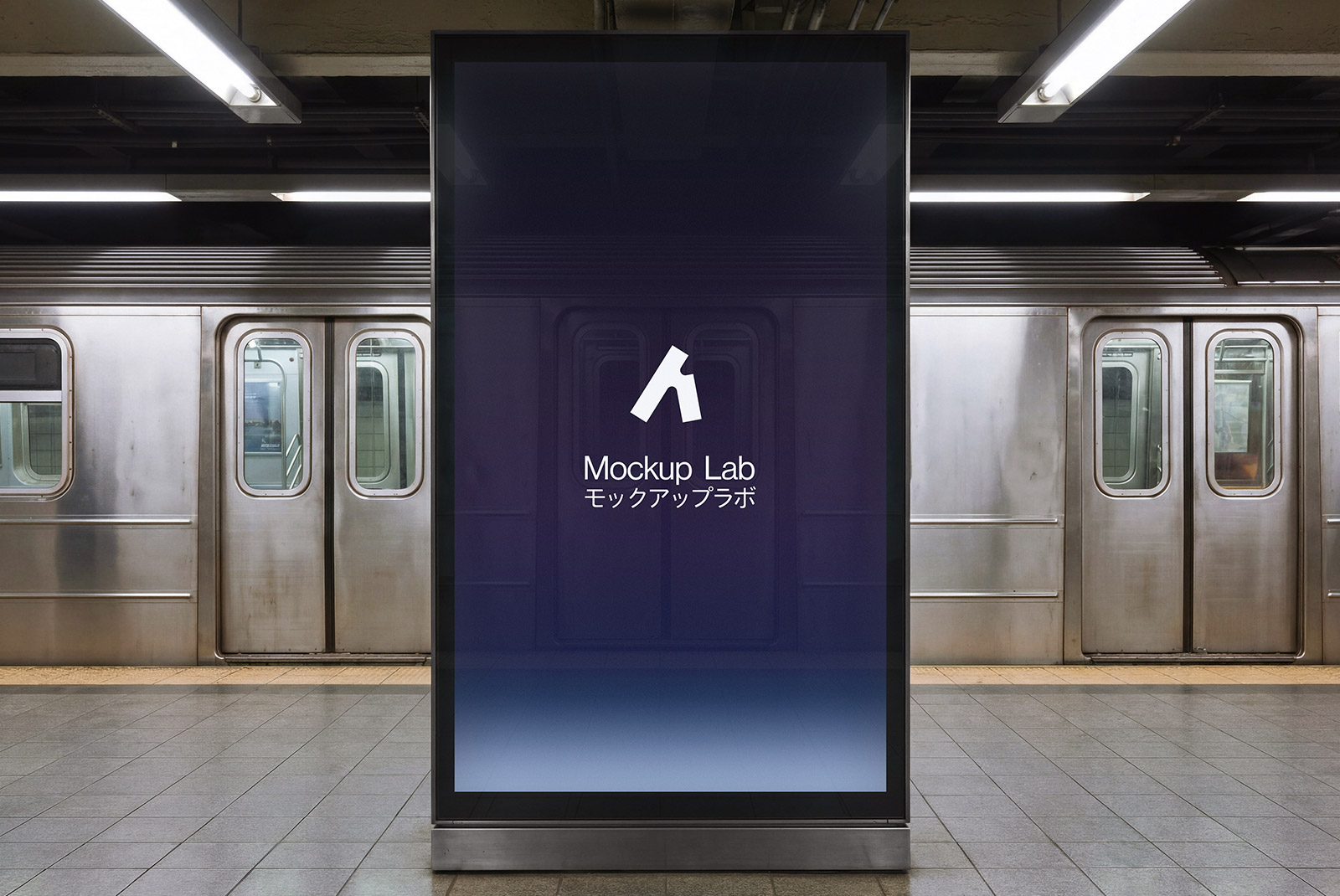 Front view of the Screen 44ML Mockup displaying a vibrant advertisement on a city street.